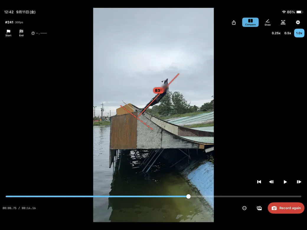 A line drawn over the video with the measured angle shown.