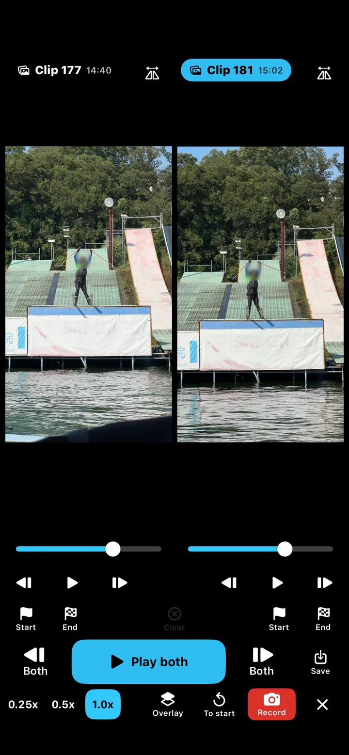 The FrameReplay compare screen, two takes side by side with a play-in-sync button.