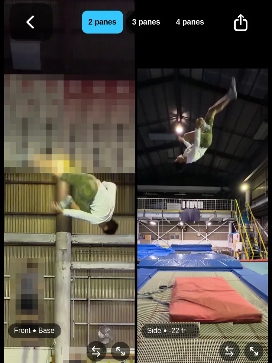 MultiCam on the viewing device: the same movement recorded by two devices, front and side, lined up by recording time in 2 panes.