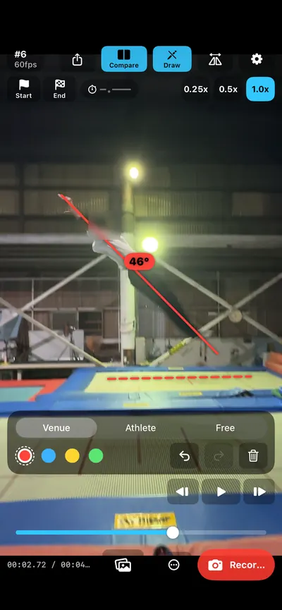 A line drawn on the video with the angle shown.