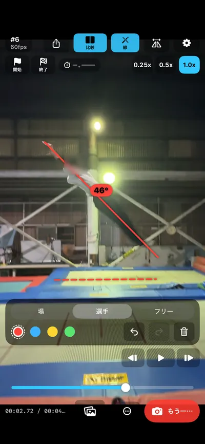 映像に線を引き、角度を表示している画面。
