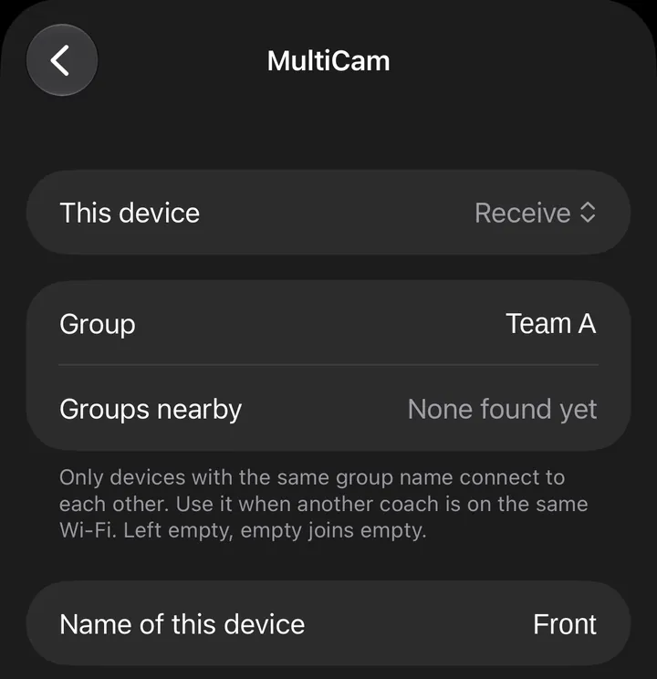 Viewing device settings: Receive, group Team A, name Front.