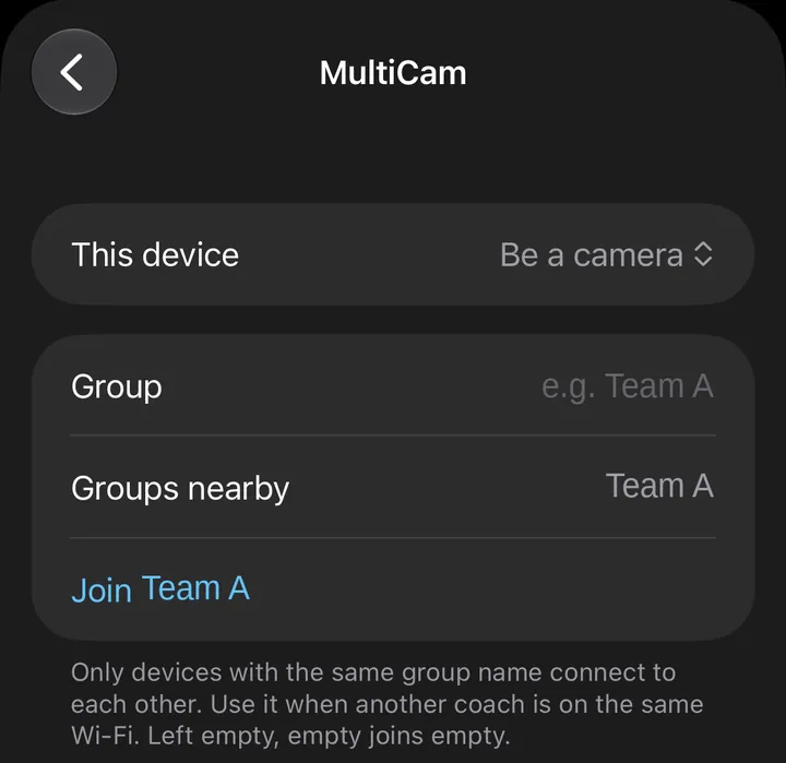 Camera device settings showing Join Team A under Groups nearby.