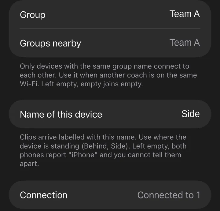 Camera device settings: name Side, Connection: Connected to 1.